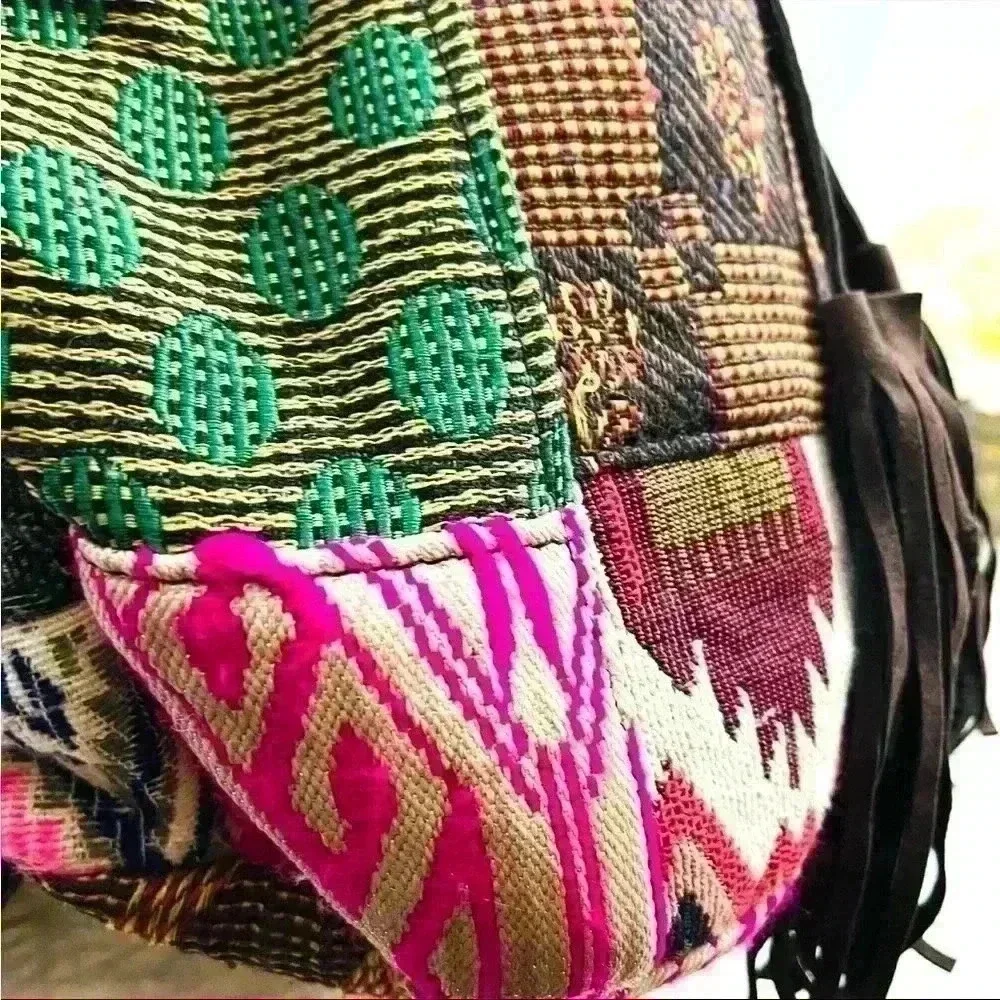 Handcrafted Patchwork Bucket Boho Hobo Drawstring Tassel Backpack Bag